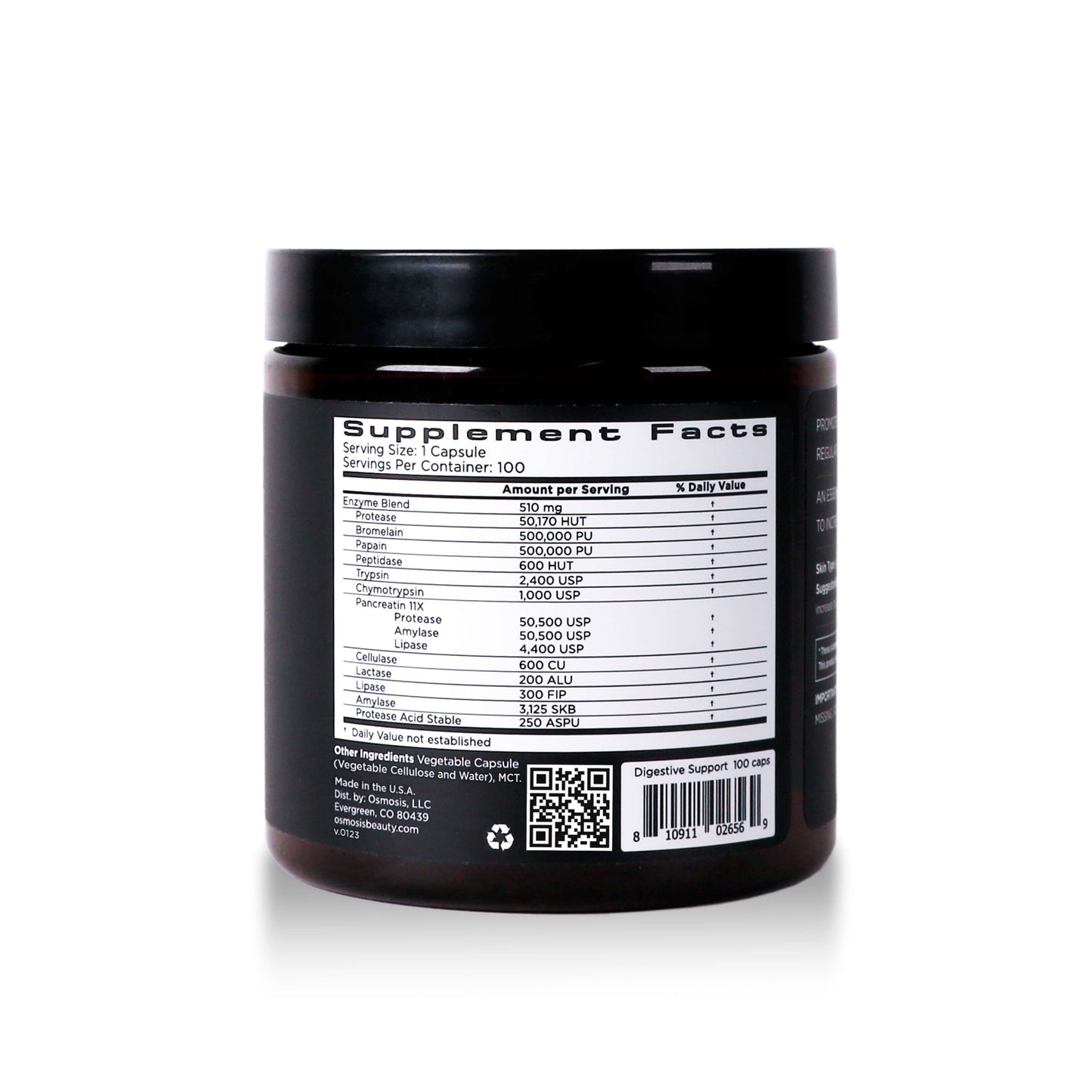 supplement facts displayed on back of digestive support jar on white background