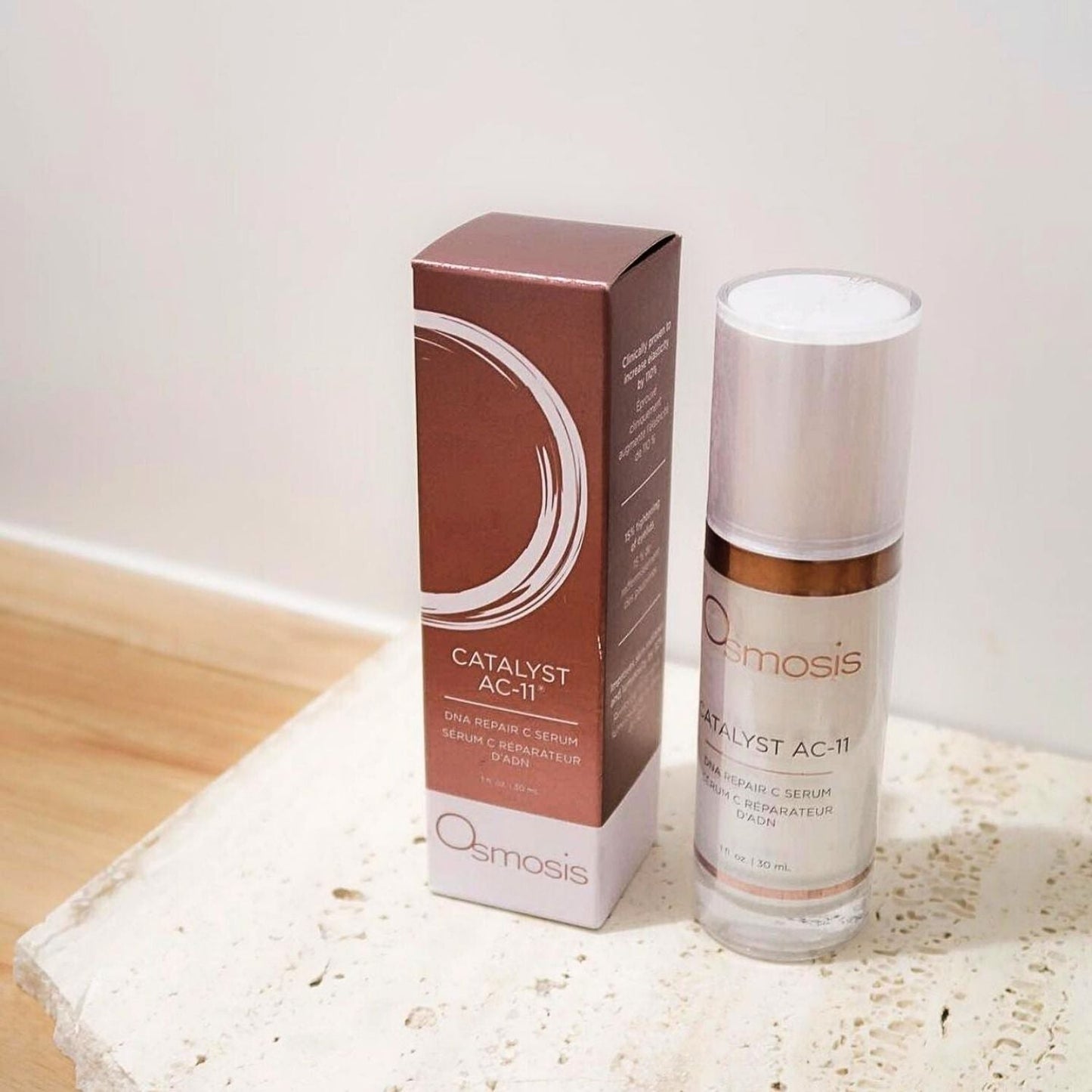Display of Osmosis Catalyst skincare and box on counter
