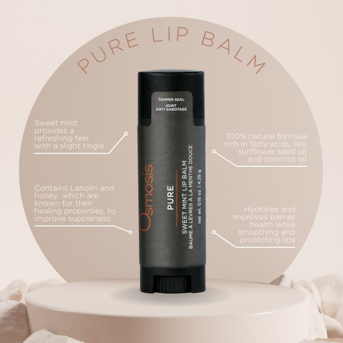 Tube of lip balm with a black label displayed on white background with infograph of benefits