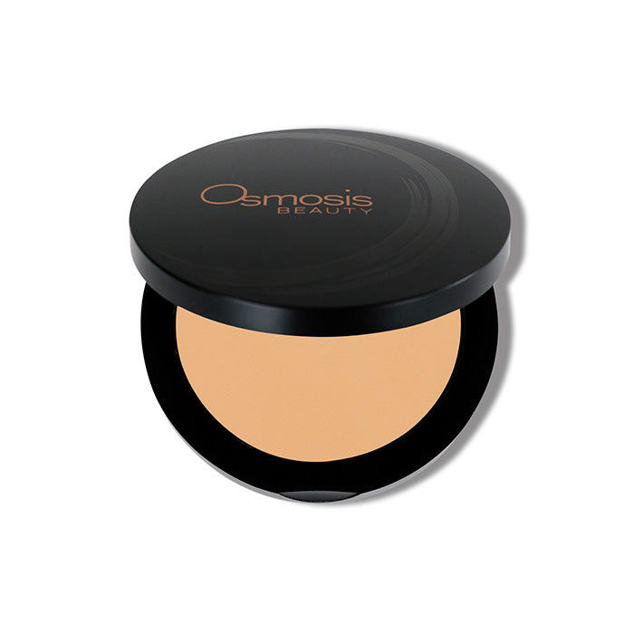 Pressed powder base Golden medium Osmosis Beauty Makeup compact opened on white background