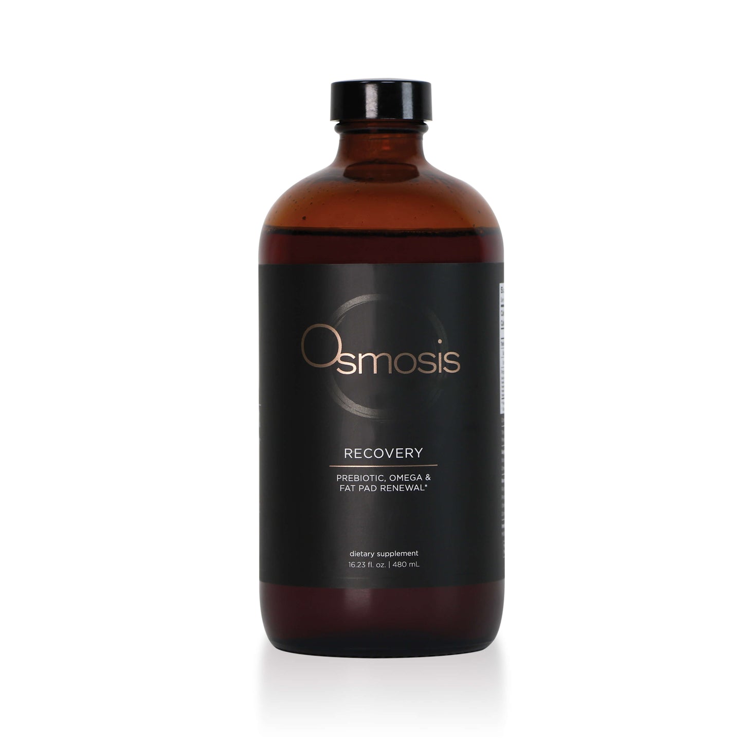 amber apothecary bottle with black osmosis label on white background