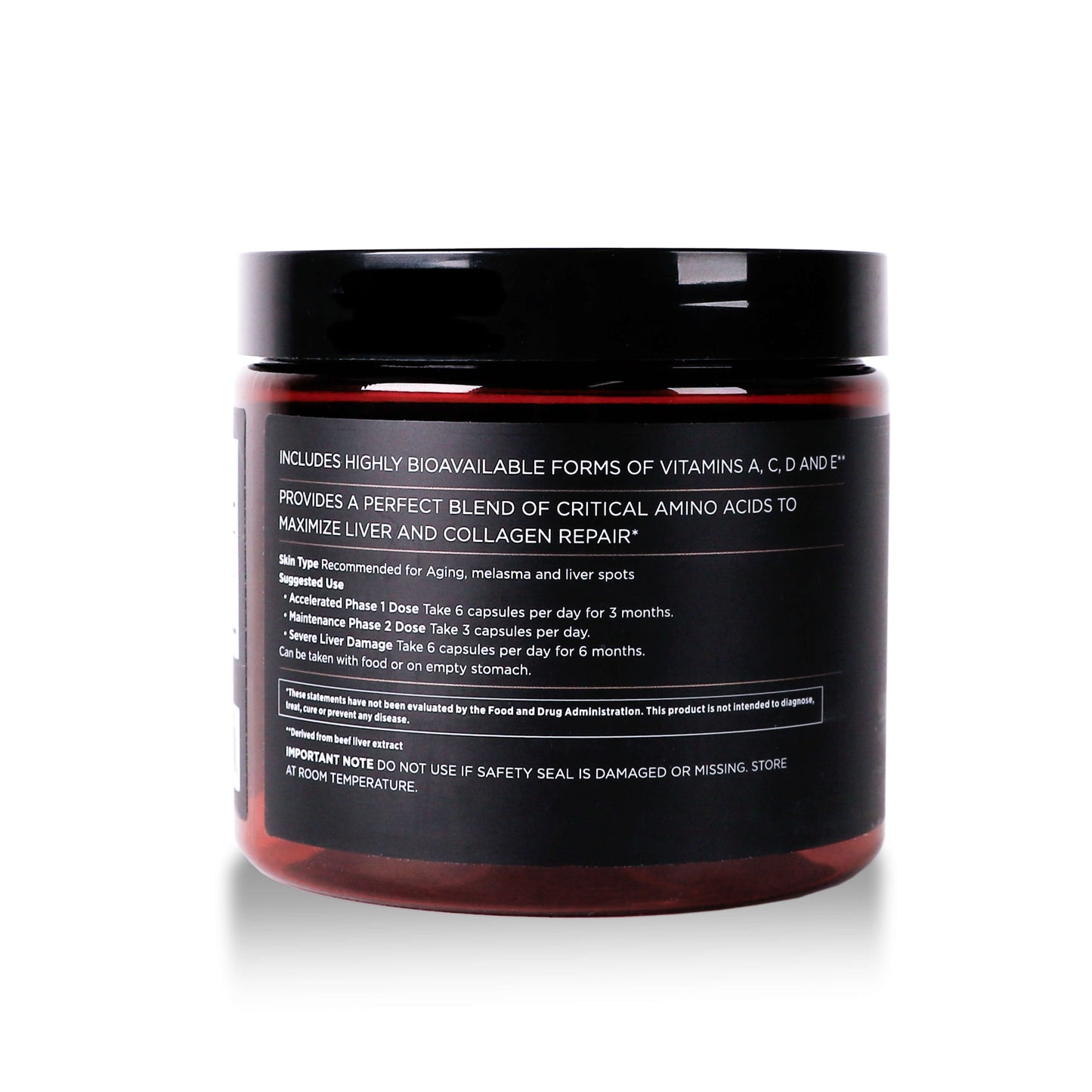 side view of jar of supplements on white background