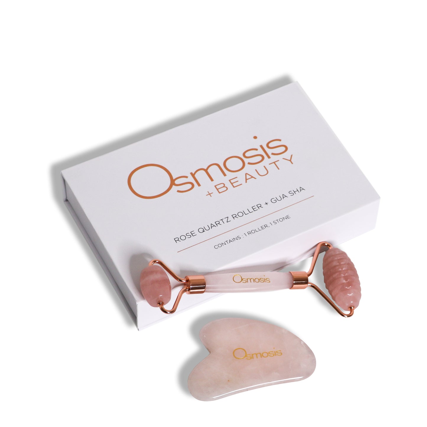 Rose Quartz Facial Roller and GuaSha displayed with box on white background