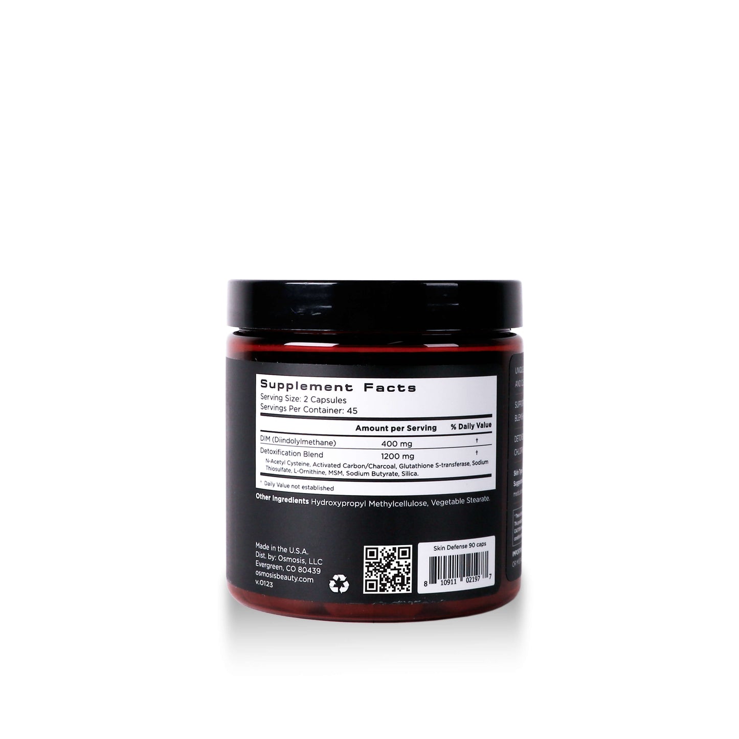 back view of skin defense supplement facts on white background