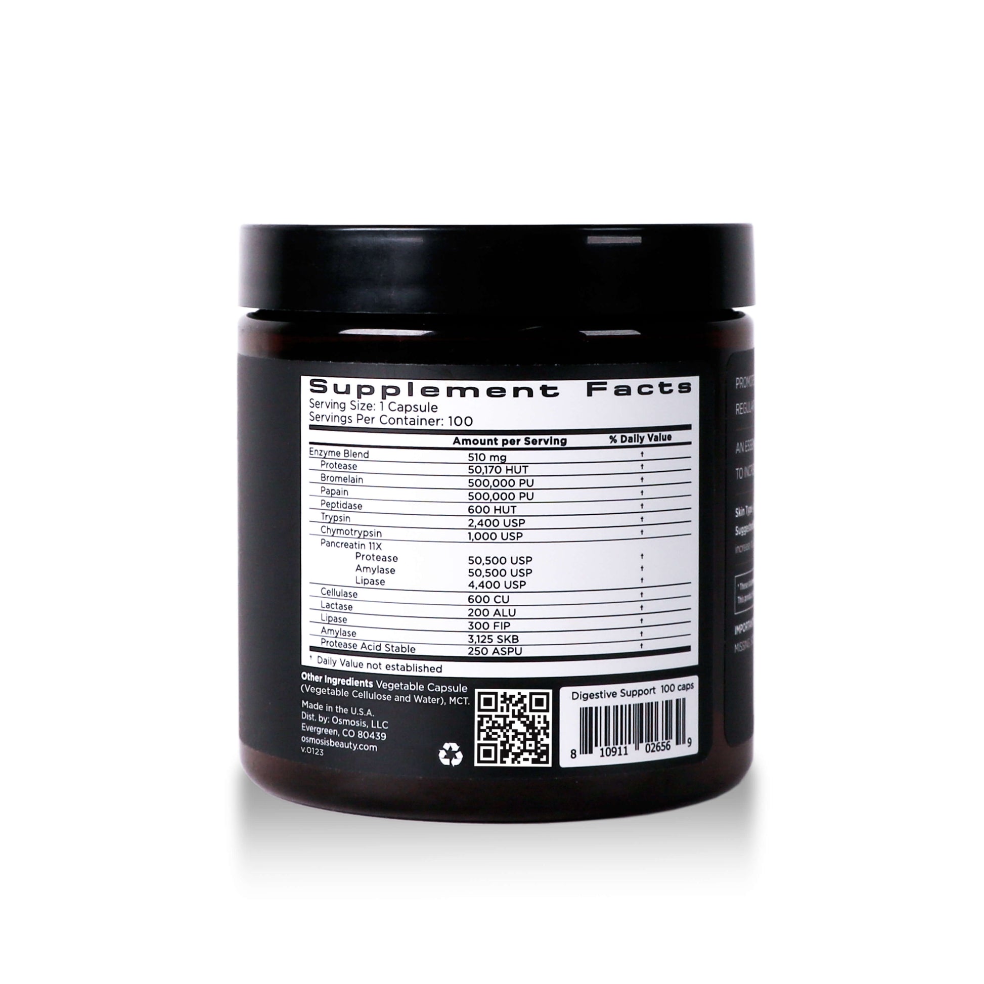 supplement facts displayed on back of digestive support jar on white background