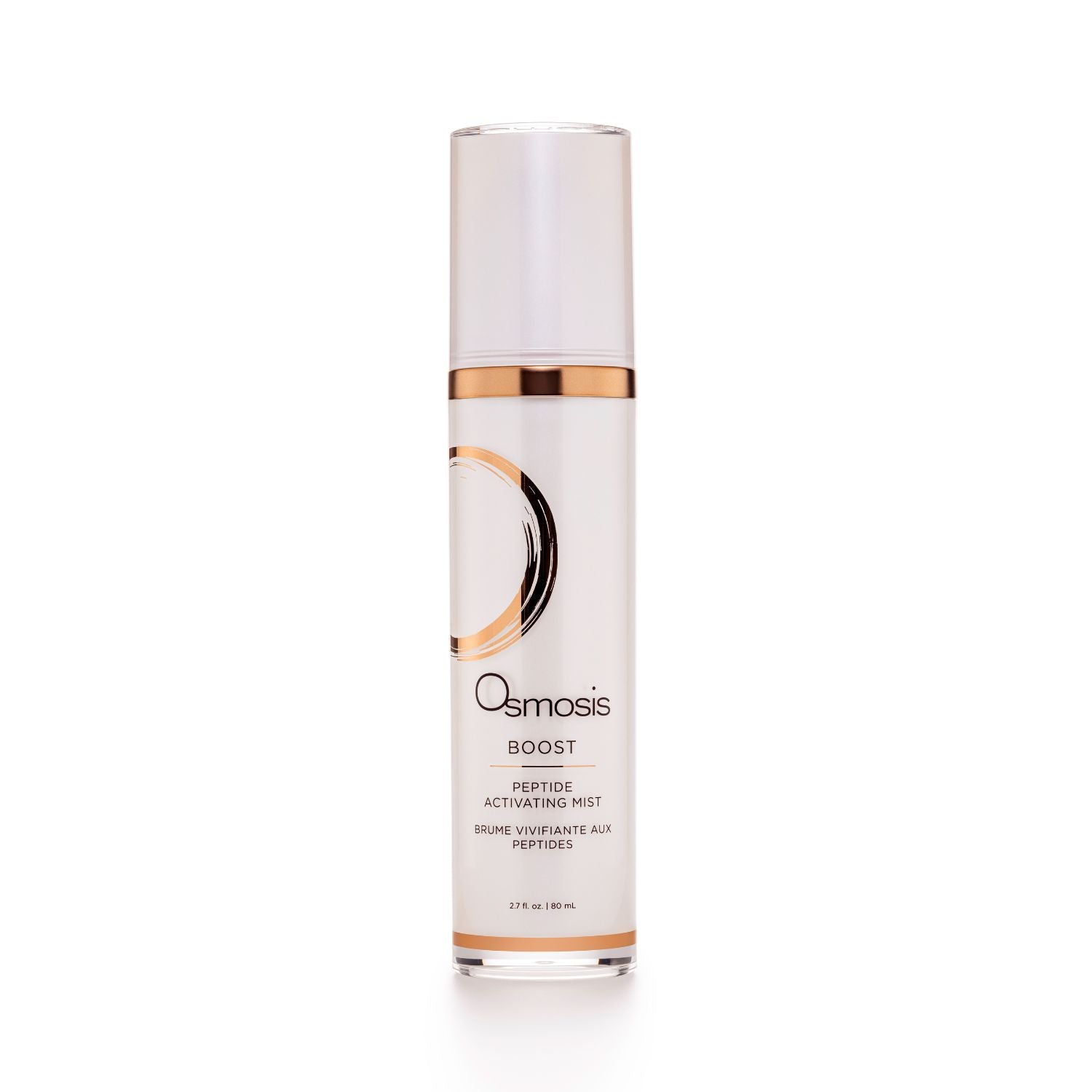Pearl colored bottle of osmosis boost mist displayed on white background