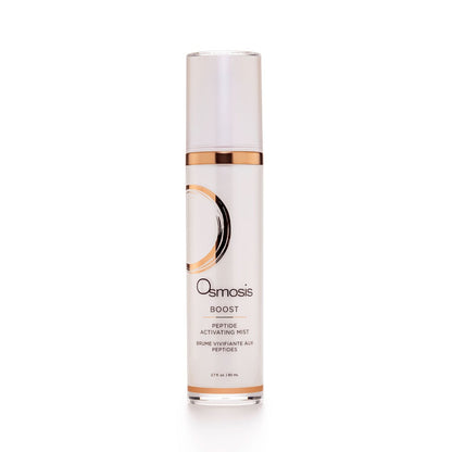 Pearl colored bottle of osmosis boost mist displayed on white background