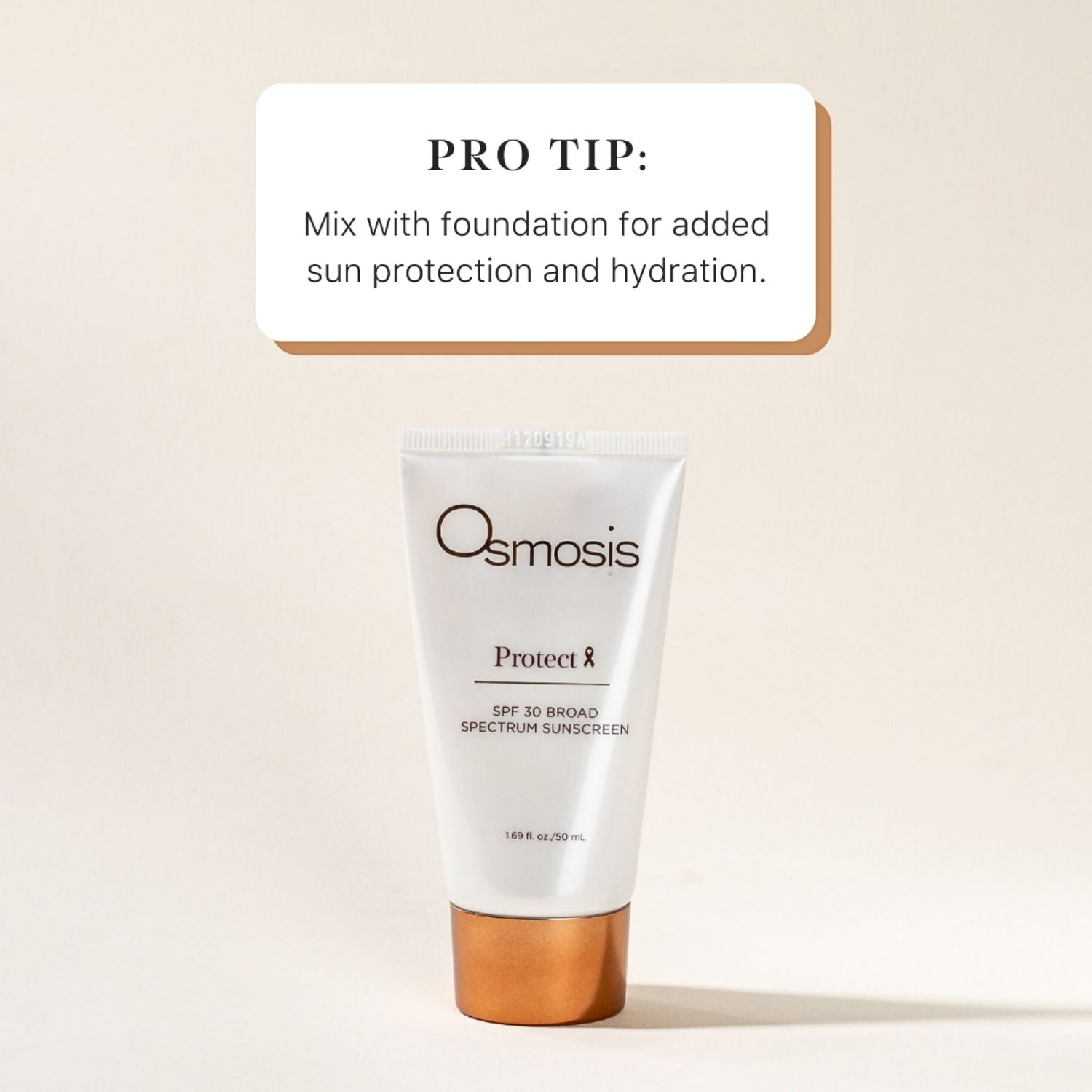 Tube of SPF 30 displayed with a pro tip text