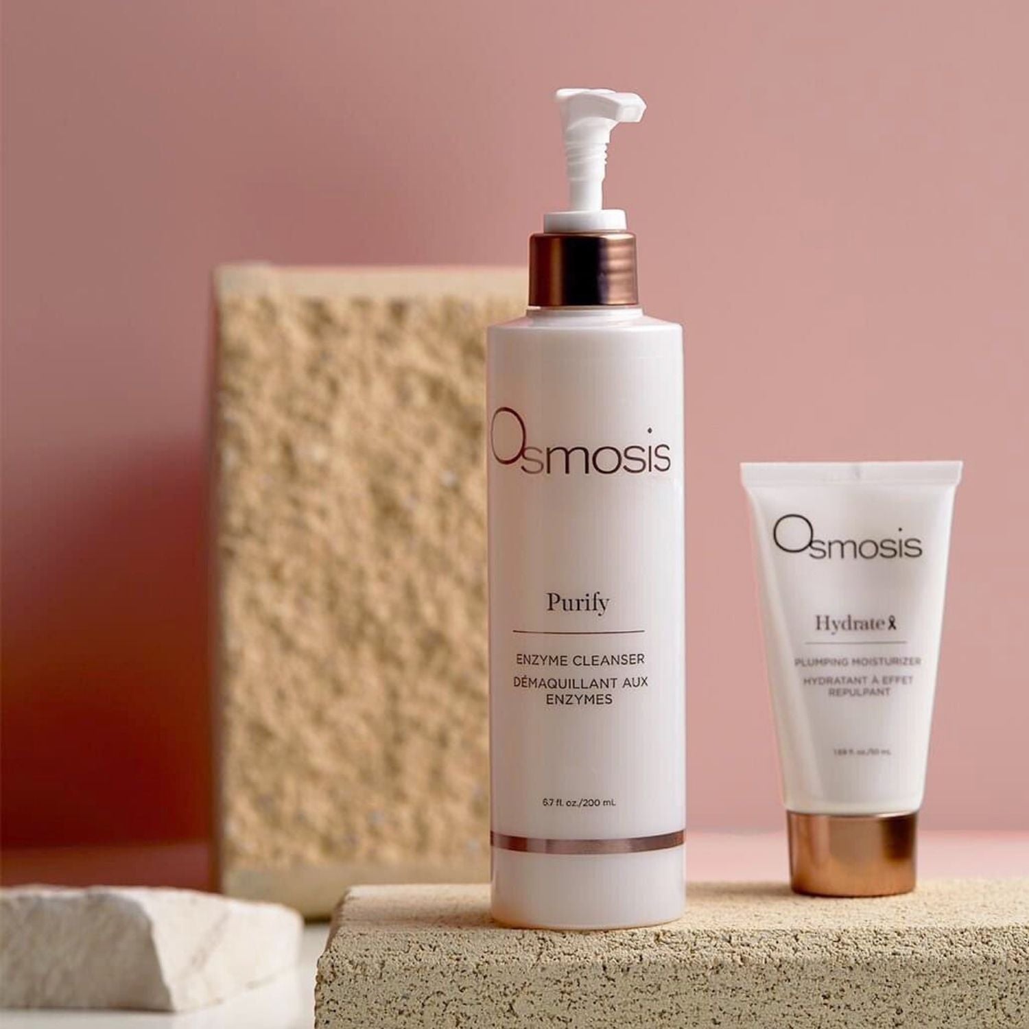 Two beauty products displayed in a bathroom