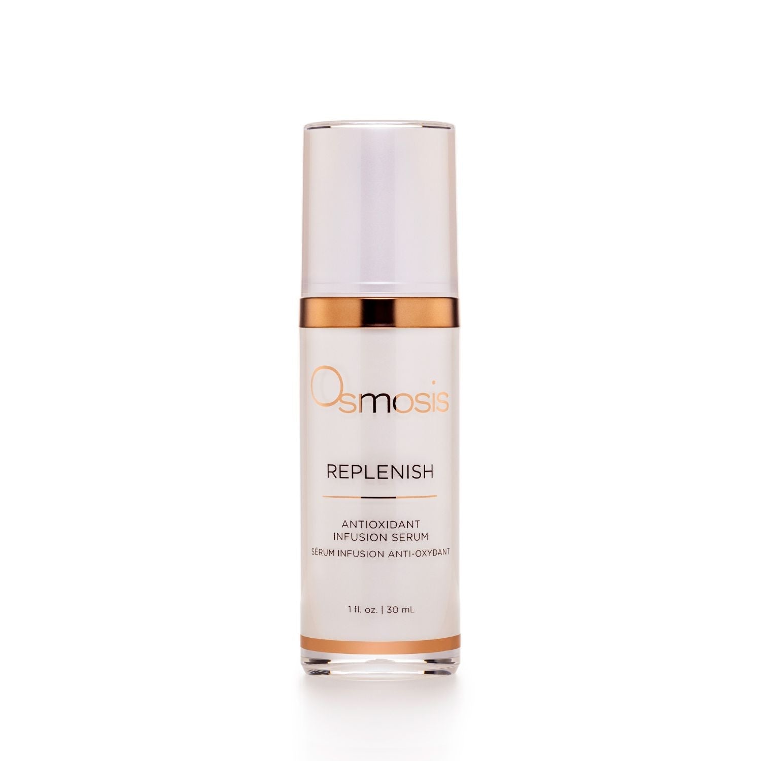 pearl and bronze bottle of osmosis replenish serum displayed on white background
