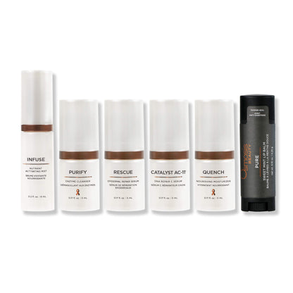 Large white box displayed with 6 products lined up in the pigmentation skincare kit on a white background