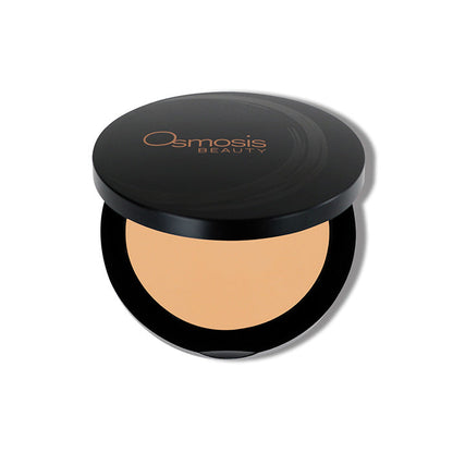 Pressed powder base Golden medium Osmosis Beauty Makeup compact opened on white background