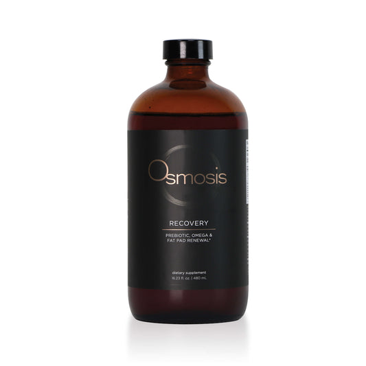amber apothecary bottle with black osmosis label on white background